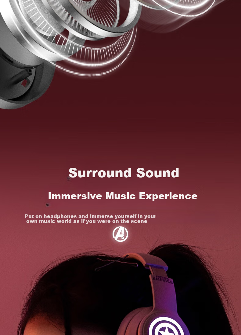 DISNEY Marvel Official Authorized Wireless Bluetooth Headphones, Over-Ear Gaming Music Sports Earphones MR02 Upgraded Version, Captain America Edition, Compatible with Apple, Xiaomi, Huawei 5