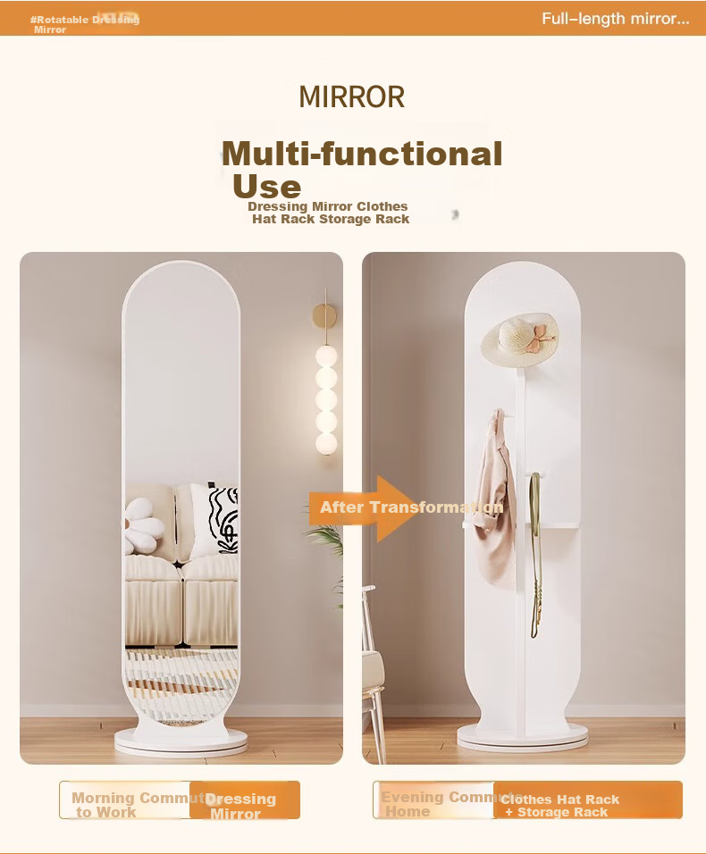 Quanpinwu Rotating Full-Length Floor Mirror, Home Bedroom Coat Rack Mirror Combo, Dressing Mirror Stand, White, 30cm 4