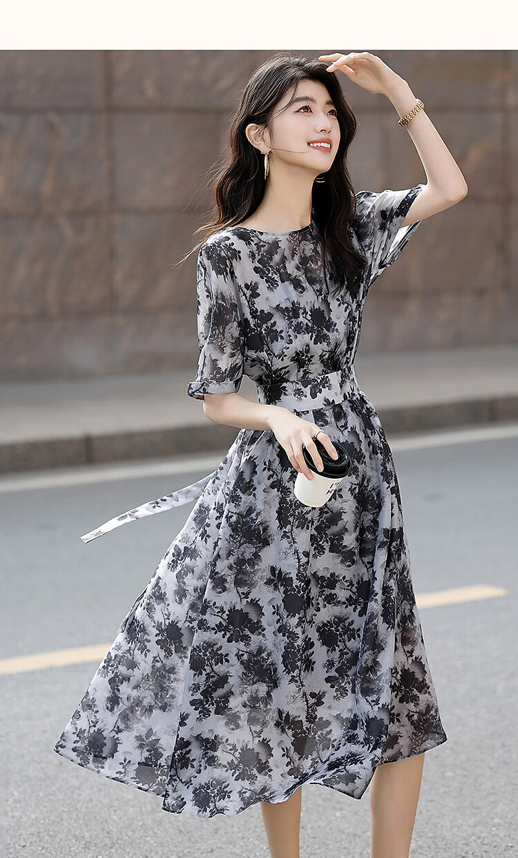 Dme [Retro Straight-Spray Ink Floral Print] Summer French Round Neck Drop-Shoulder Waist-Cinching Tie-Waist Women's Dress 10