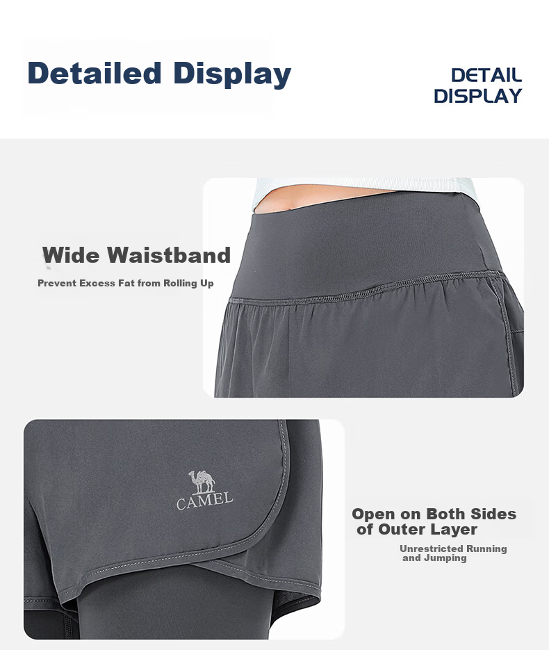 CAMEL Faux Two-Piece Quick-Dry Women's Sports Pants, Elastic Running Fitness Shorts, Y24BA4L0037M, Misty Gray, L 20