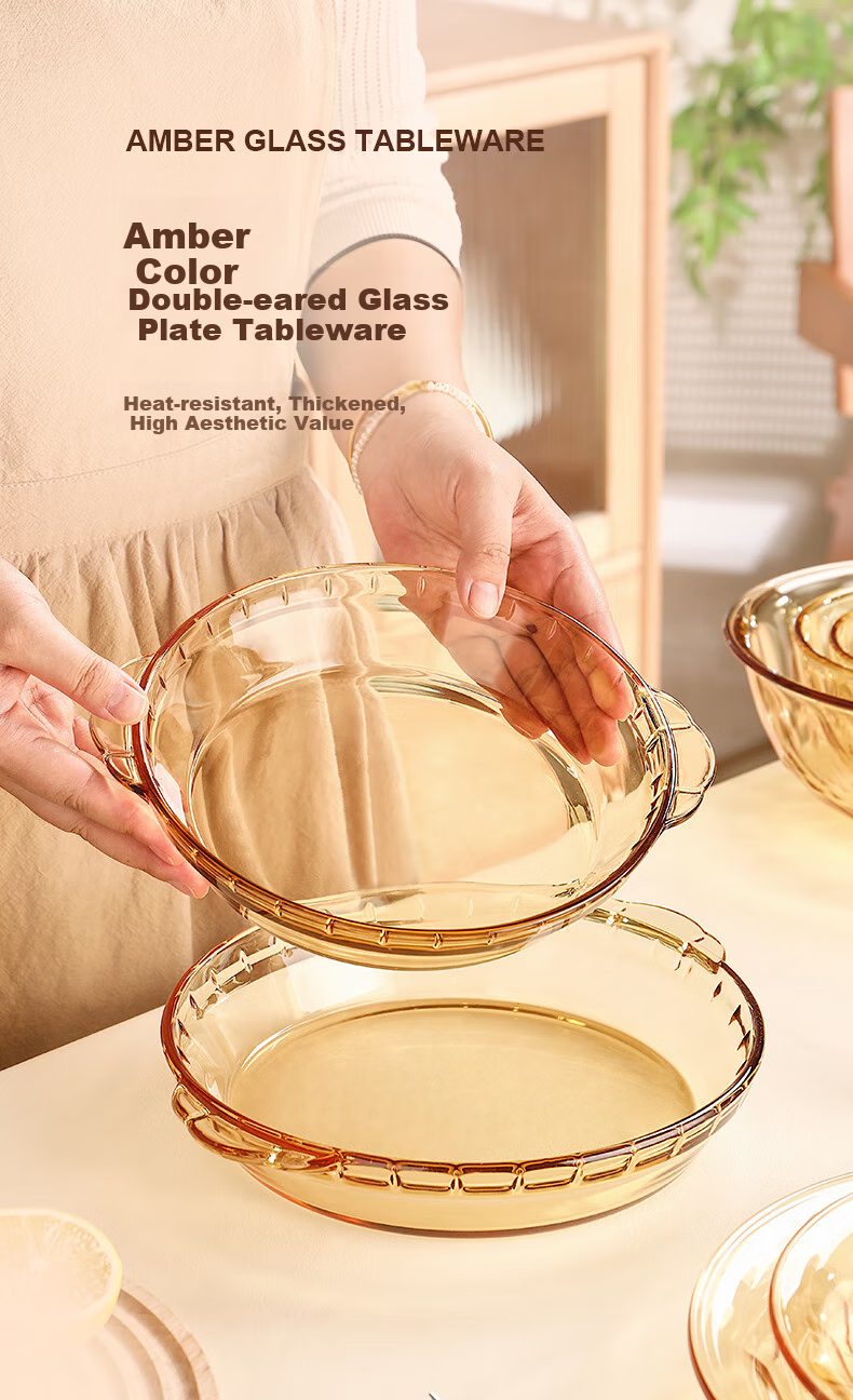 CRISTALGLASS Double-Handled Heat-Resistant Glass Plate Steamed Egg Dish, Sauce Scoop, Small Seafood Plate, Microwave-Safe Pizza Baking Tray for Home Use 1