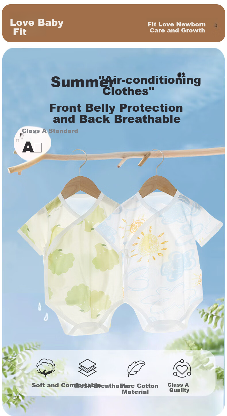 Aibaoshi Baby Romper, Summer Short-Sleeve Bodysuit, Newborn Onesie, Thin Mesh Back T169, 2-Piece Set, 66cm 1