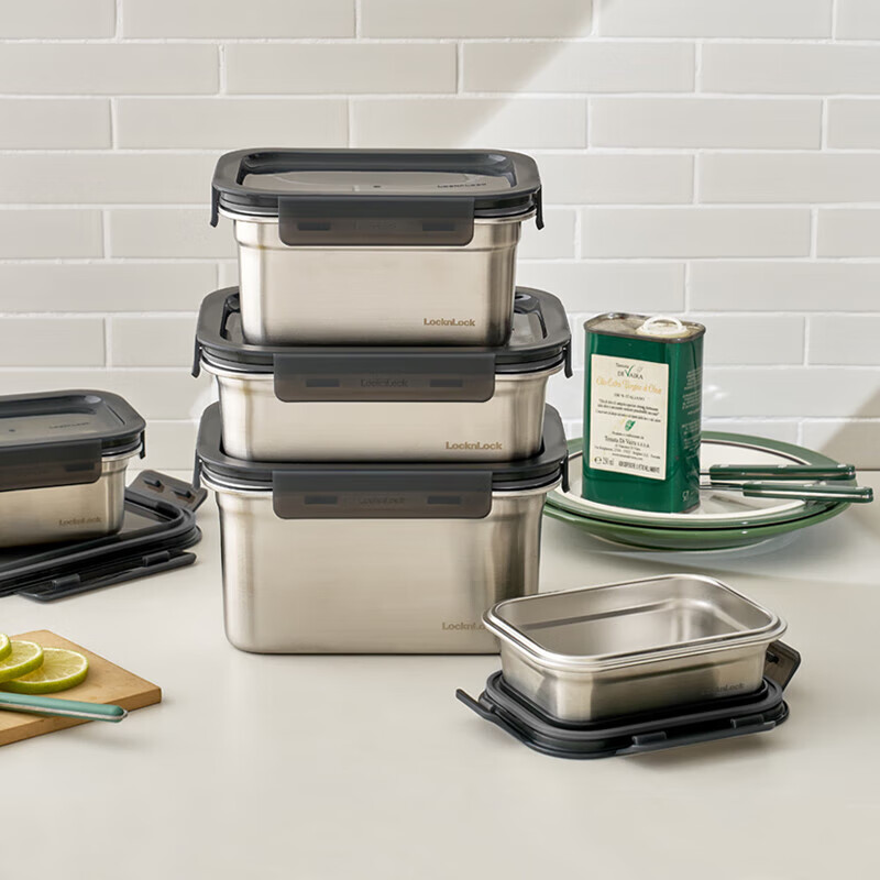 LOCK&LOCK Natural Food-Grade Stainless Steel Storage Container, Lunch Box with Lid, Sealed Refrigerator Kitchen Organizer, Meal Tray, 1.5L