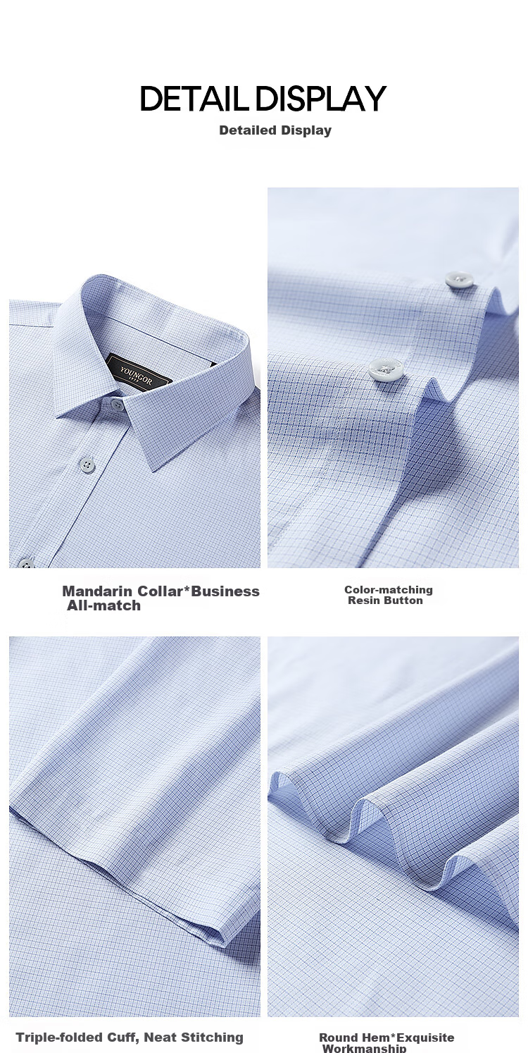 YOUNGOR Men's Shirt, 2025 Summer Young Business Casual Plaid Short-Sleeve Shirt, Blue Plaid, Size 38 12