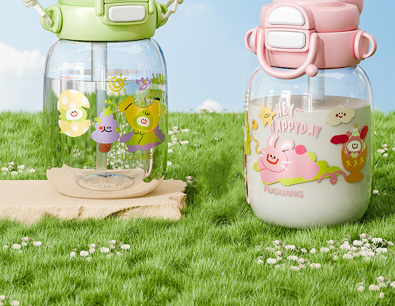 FGA Fugang Children's Water Bottle with Straw, Dual Drinking, Large Capacity, School Use, Summer Anti-Fall Portable Cup, Pink 2