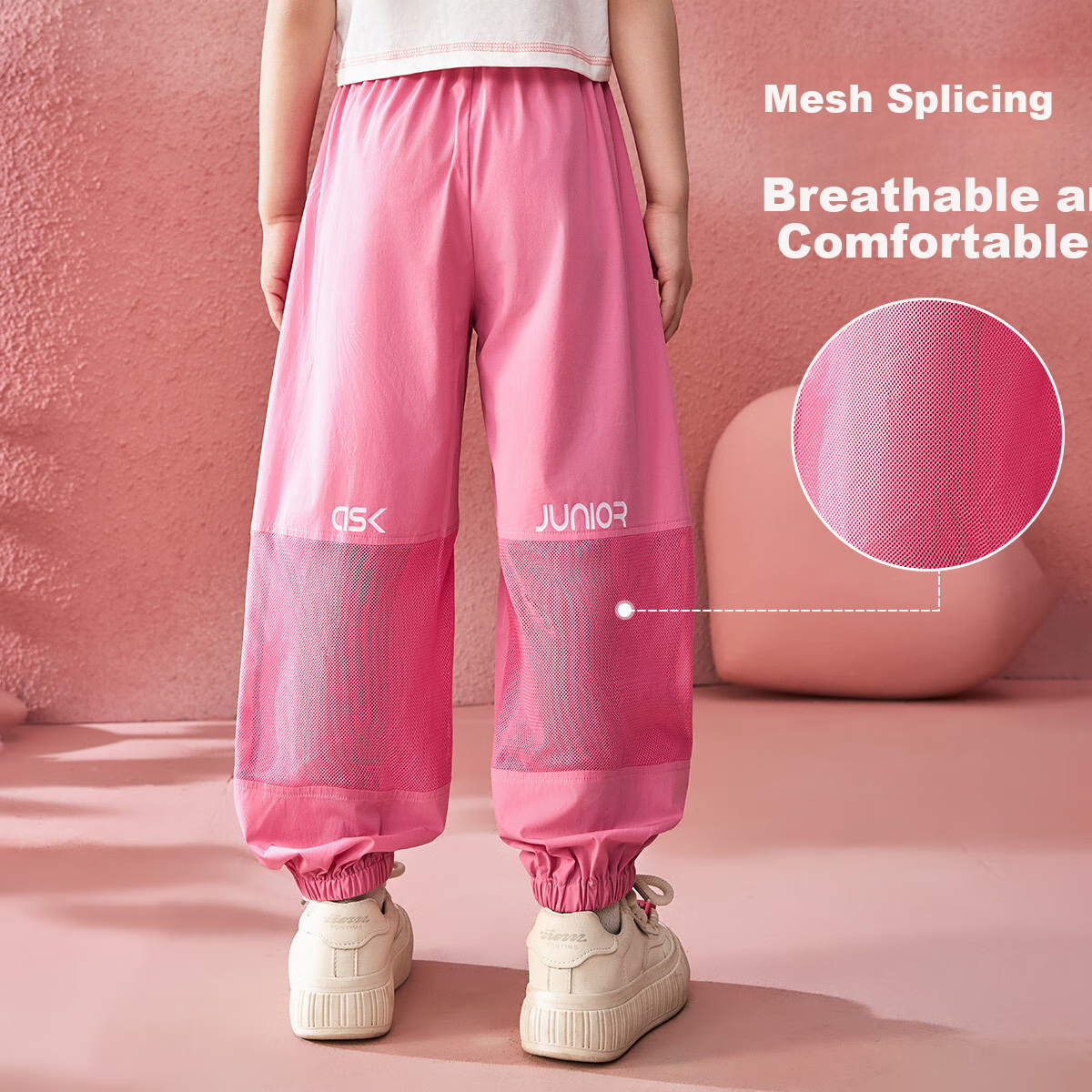 ASK JUNIOR Children's Pants, Summer 2026, Mesh Spliced Breathable Sports Casual Pants, Elastic Ankle Girls' Trousers, Pink, Size 150 4
