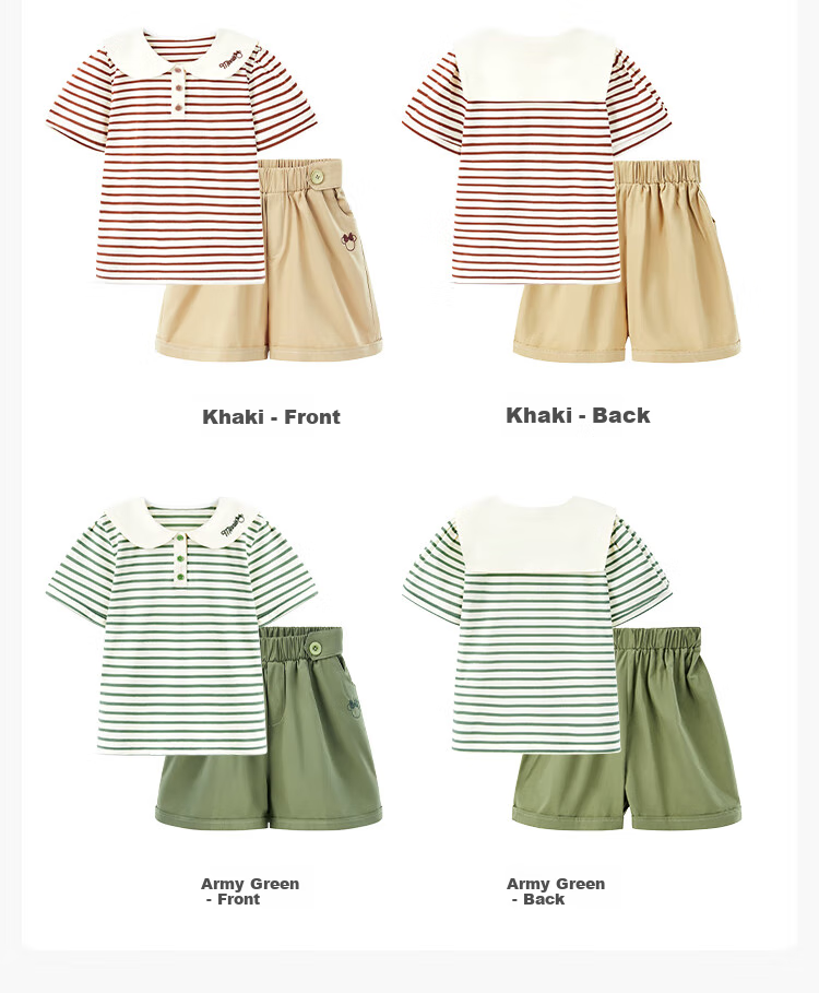 Disney Girls' Summer Set: Short-Sleeve T-Shirt And Shorts, Preppy Style Two-Piece Set with Peter Pan Collar T-Shirt, Khaki, Size 120 9