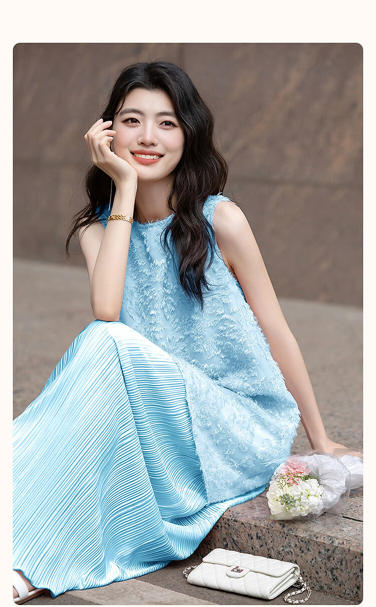 Dme [Design-Inspired Fake Two-Piece] Summer Lightweight Casual Three-Dimensional Pleated Straight-Line Waistless Dress for Wome 1