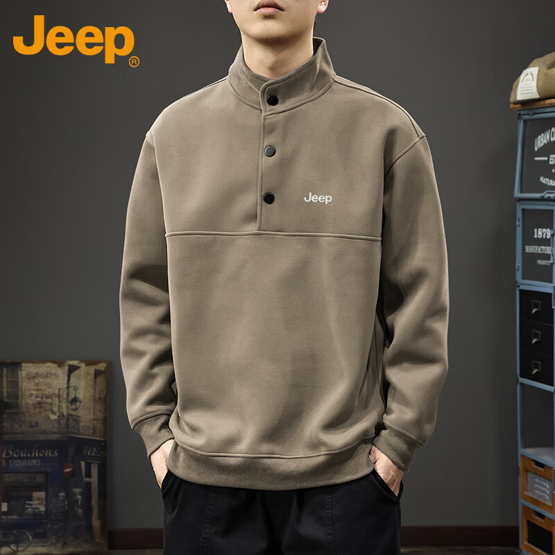 JEEP Men's Sweatshirt, Spring And Autumn Heavy Embroidery Base Layer, Casual Trendy Top for Men, Khaki Color, Size L