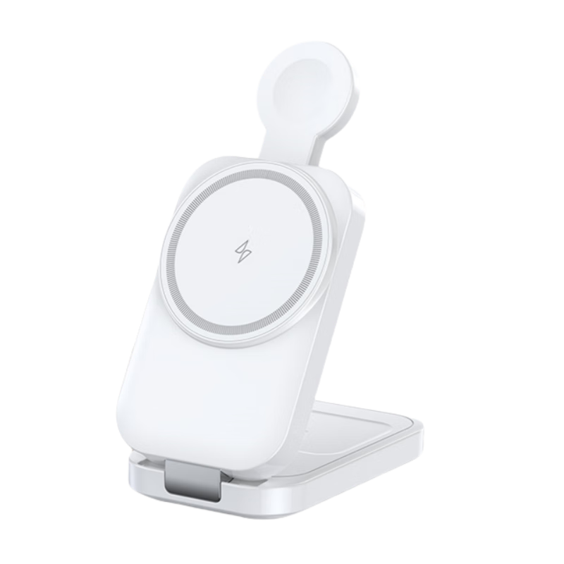 ESCASE 3-in-1 Magnetic Fast Charging Portable Stand Base for Apple Wireless Charger iPhone 16/11/12/13/14 Earphones Watch T18 White