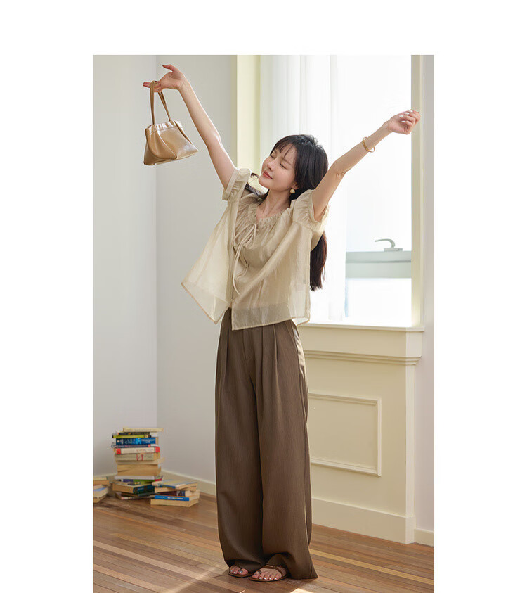 MT "Blazing Peach Blossom" Summer Sweet Style Tencel Polyester Wrinkled Round Neck Lightweight Shirt Women's Top 6