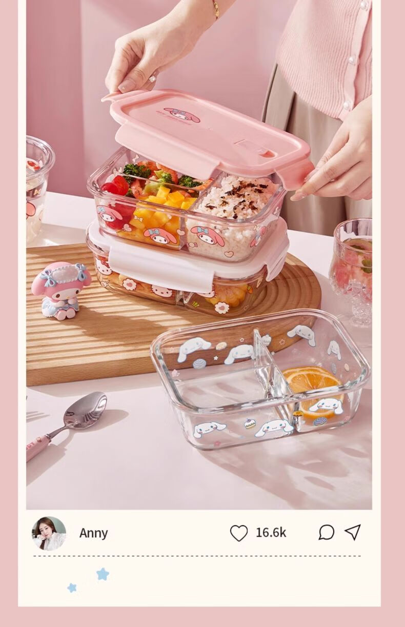 MANCHAOJIA Sanrio Glass Lunch Box Microwave Heating Fresh-Keeping Bowl Office Bento Soup Bowl Hello Kitty 700ML 5