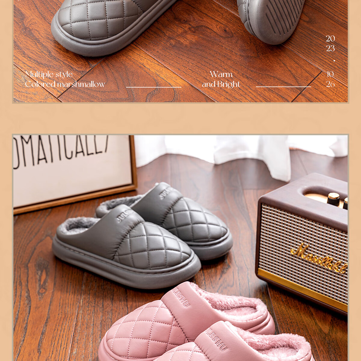TZLDN Waterproof Cotton Slippers Men's Thick Sole Home Elderly Autumn Winter Fleece Lined Thickened Couple Cotton Shoes PU Leather Men Shoes 5