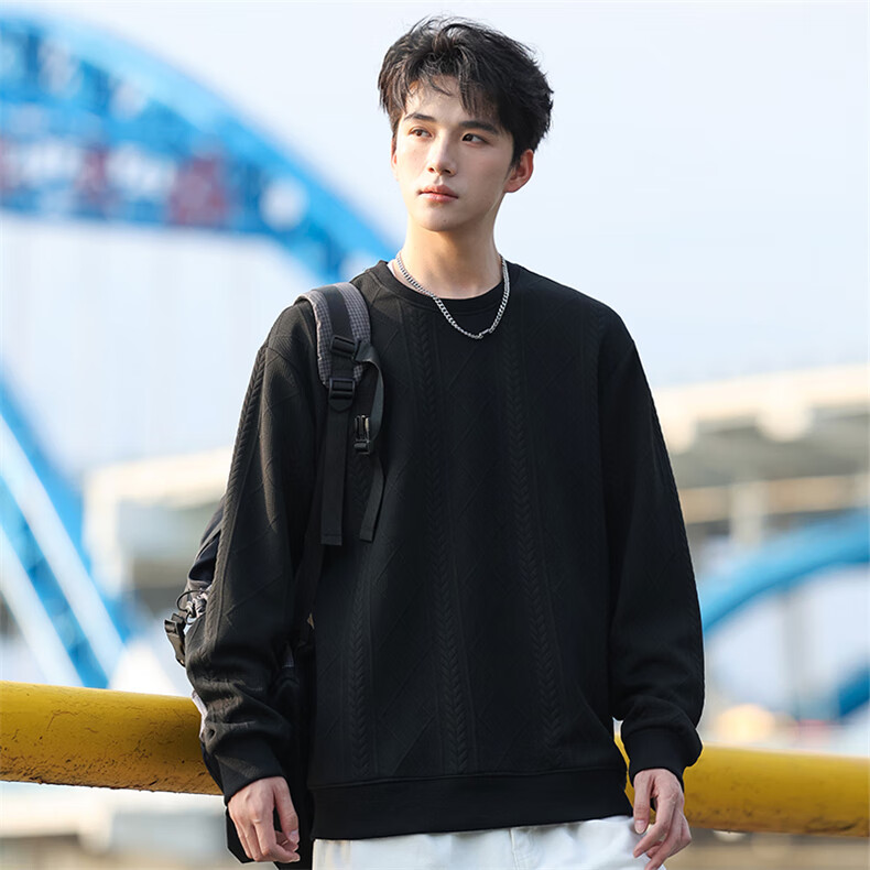 Huili Men's Sweatshirt, Round Neck Long Sleeve T-Shirt, Autumn American Trendy Casual Sports Jacquard Men's Sweatshirt, Black, 2XL 11