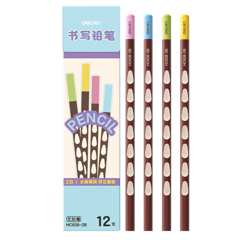 Deli 12-Pack Perforated Pencils, 2B Triangular Grip Easy-Grip Pencils for Children's Posture Correction And Student Handwriting Practice HC838-2B School Supplies