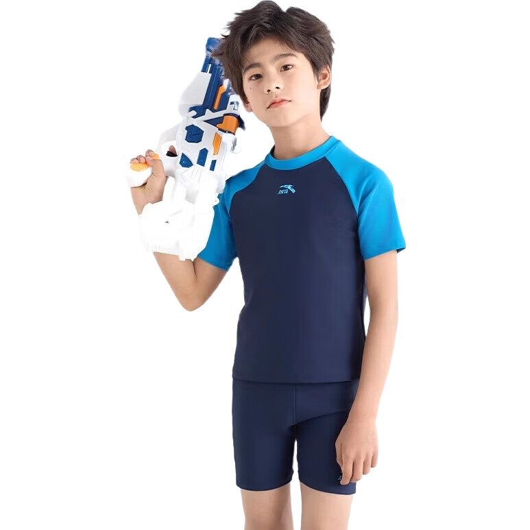 ANTA Children's Two-Piece Swimsuit for Boys, 2024 New Style for Older Children, Swim Trunks with Sun Protection, Professional Swimming Set for Boys, Dark Blue, Size 110