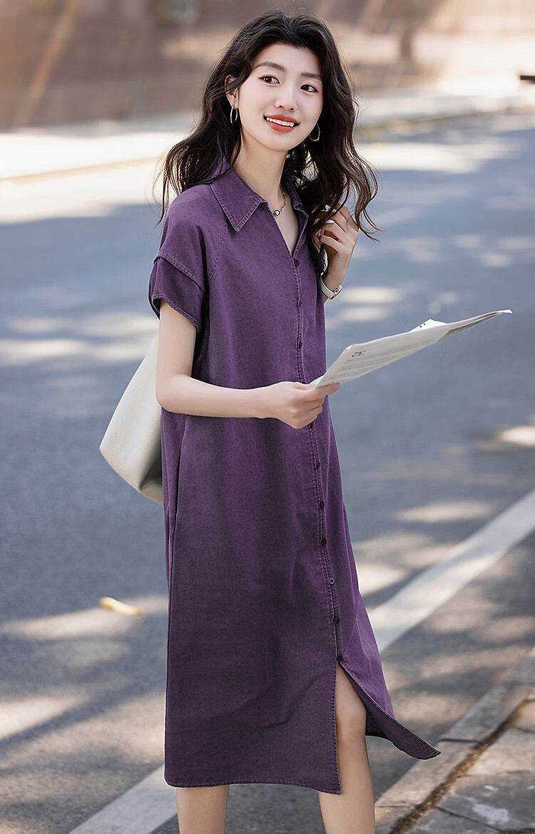 Dme Practical Summer Simple Style Lapel Cloud Cotton Loose Comfortable Short Sleeve Women's Denim Dress 13