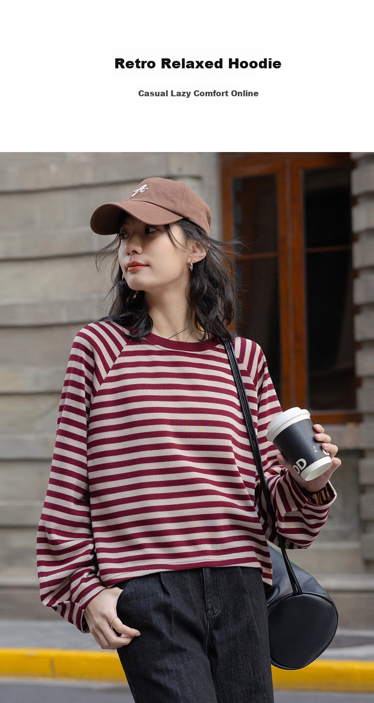 Dme [Urban Parallel Lines] Spring Retro Color-Block Striped Crew Neck Top, Loose-Fitting, Flattering, Comfortable, Versatile Women's Sweatshirt 2