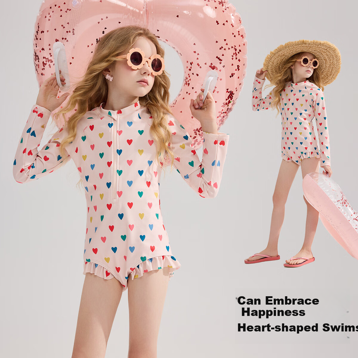 ASK JUNIOR Children's Swimsuit Summer One-Piece Long Sleeve Swimwear with Swimming Cap for Older Kids, Anti-Exposure Swimwear for Toddlers And Young Childre