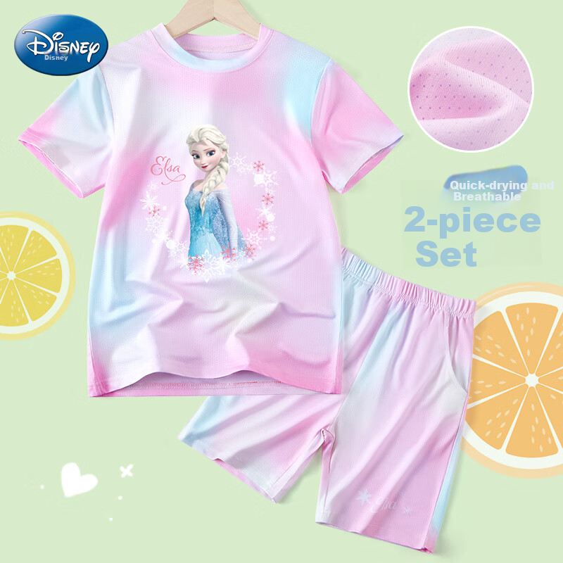 Disney Children's Quick-Dry Clothing Set, Elsa Princess Short-Sleeve T-Shirt for Girls, Summer Set FL164004-3, Orange-Pink, Size 140