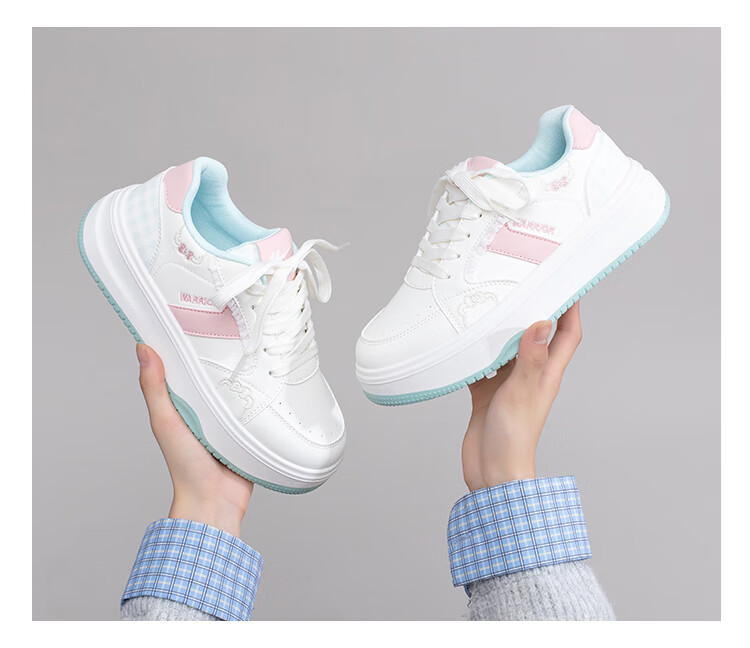 Warrior Women's Autumn Winter Thick Sole White Sneakers Sweet Versatile Casual Sports Shoes Beige Pink Size 38 12