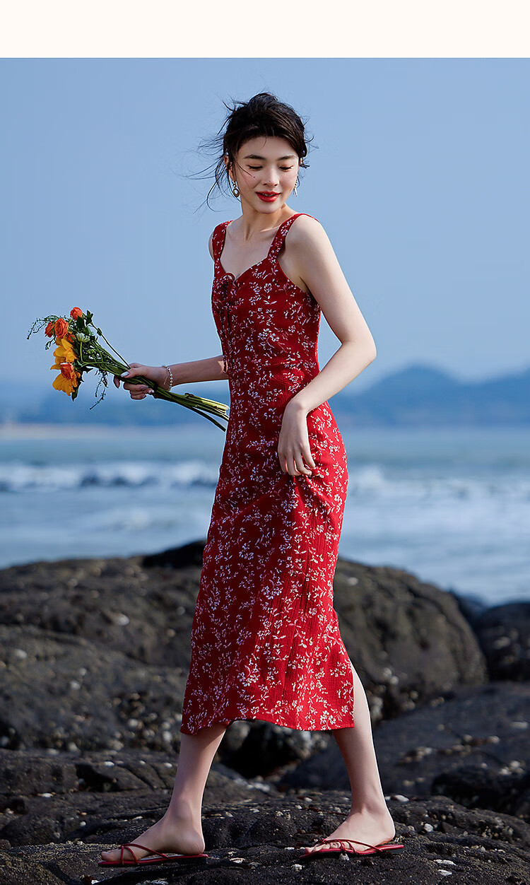 Dme [Xiao Xing Gan "Da Ji" Dress], Summer Holiday Style, Small Floral Print, Spaghetti Strap, Bodycon, Waist-Cinching Women's Dress 17