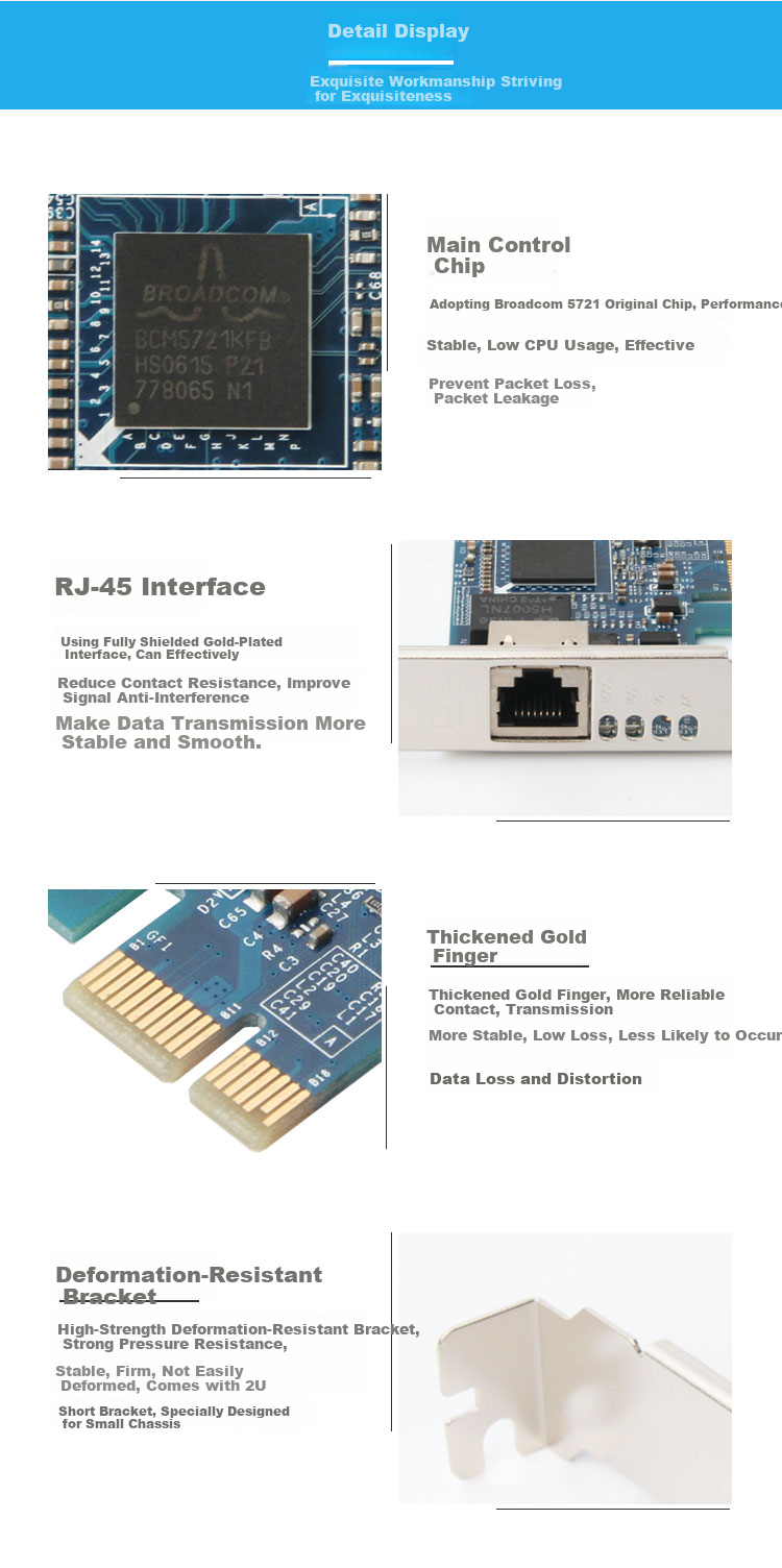 MOGE Desktop Built-In Wired Network Card, PCIE Single-Port Gigabit Ethernet Card BCM5721, High-Speed Diskless PXE Boot, Supports ROS/EXSI/Huaju MC2255 3