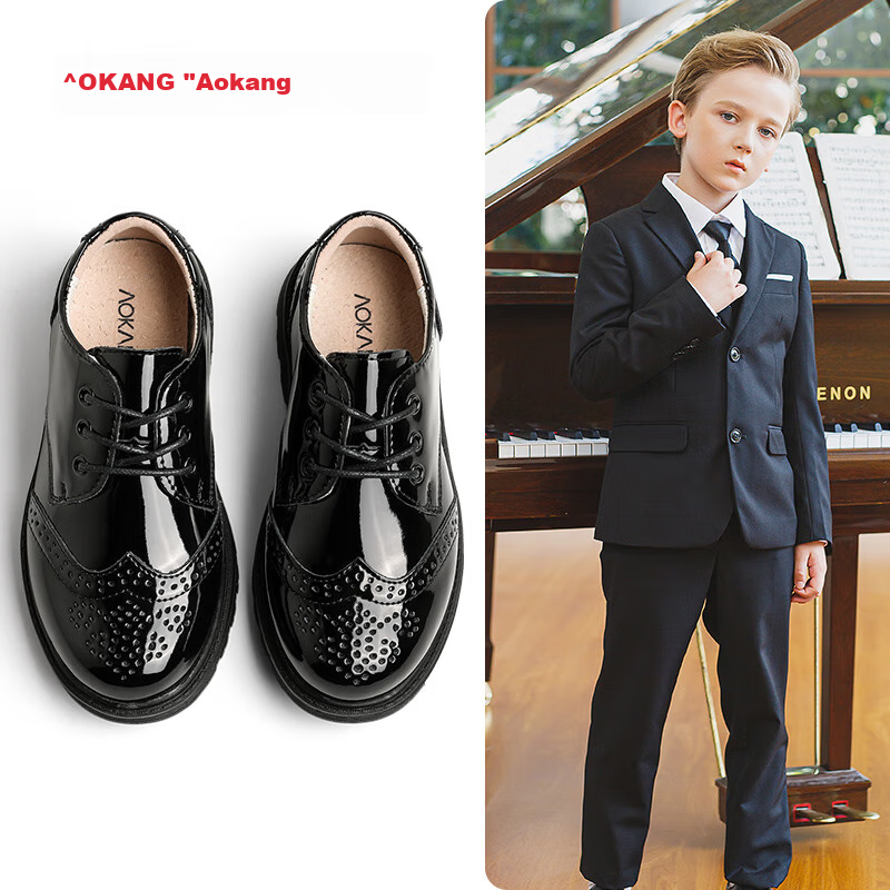 Aokang Boys' Leather Shoes, Soft Sole, Non-Slip, Summer New Style, Performance Black, British-Style, Student Children's Shoes, Big Kids' Loafers