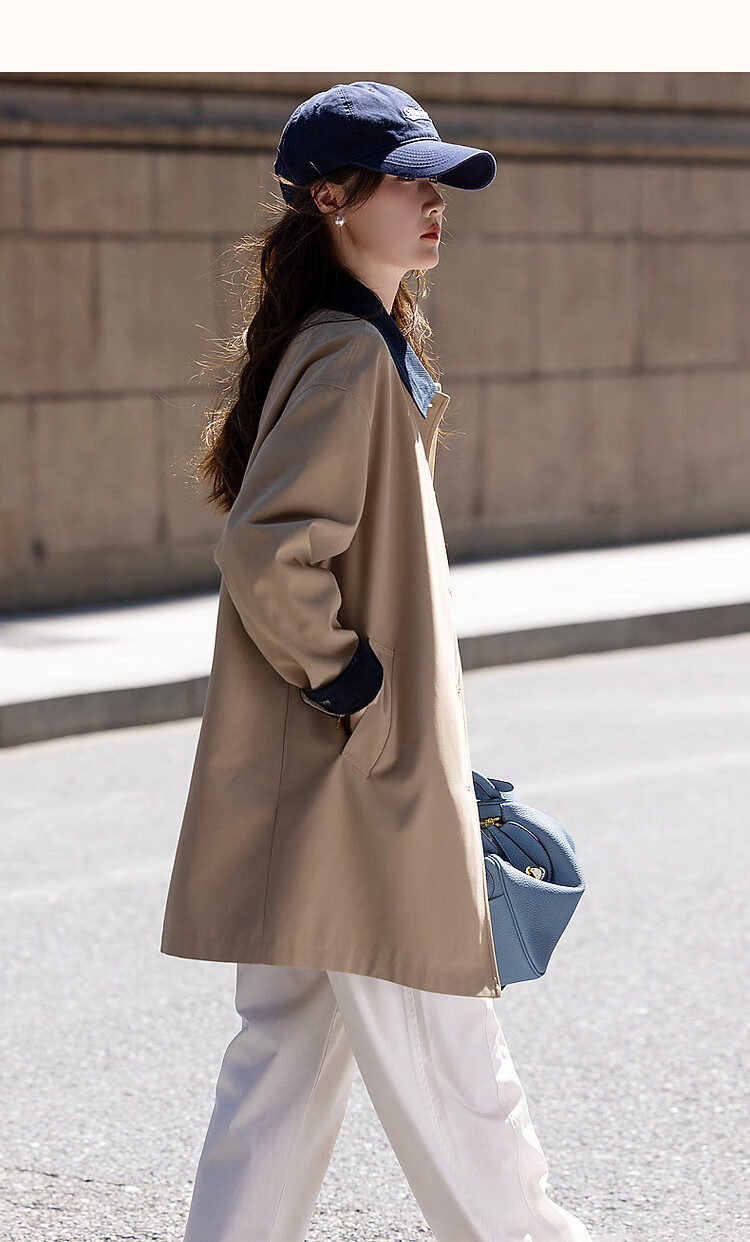 Dme [Gentle Core] Spring And Autumn Simple Contrasting Color Lapel High-Count High-Density A-Line Tuck Windbreaker Jacket for Women, Mid-Length Style 10