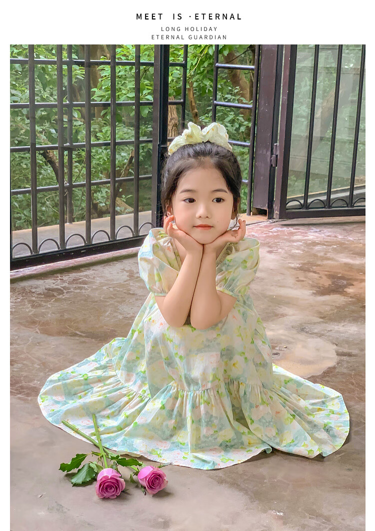 Tutuxiaoxiang Girls' Dress, 100% Cotton, Children's Puff Sleeve Floral Princess Dress, Green, Size 110, Height Approximately 110cm 9