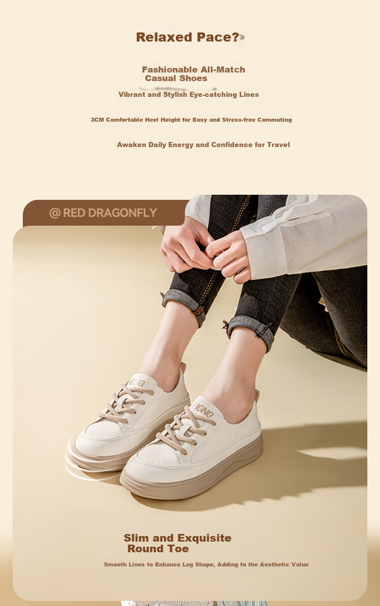 RED DRAGONFLY Women's Shoes, 2026 Autumn White Sneakers, Thick-Soled Heightening Versatile Casual Lightweight WPB15049, Apricot Color, Size 35 1