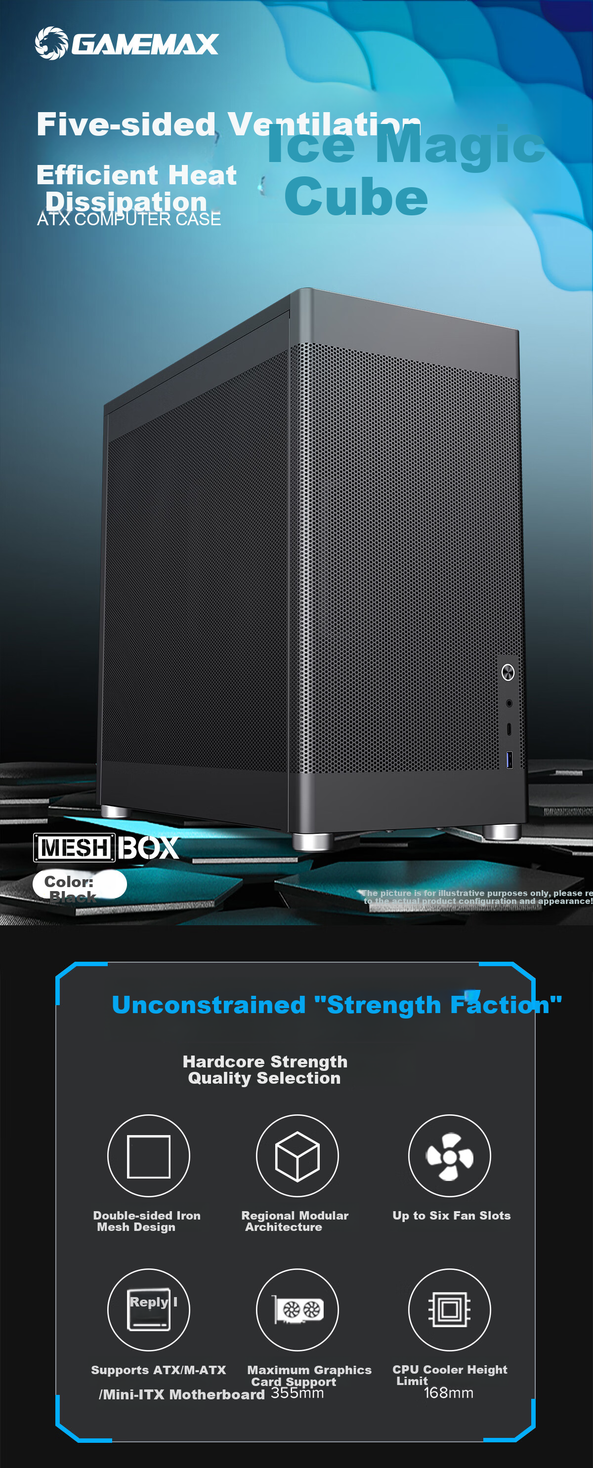 GAMEMAX Ice Cube Computer Case Mesh Iron Mesh Cooling Stand DIY Assembly Case (ATX/Type-C/Clear Ventilation/4090/240mm Water Cooling Support) 1