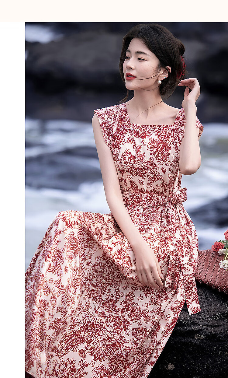 Demana [Dream Among Flowers] Summer National Style New Chinese Square Neck Tie Sleeve Waist Printed Elegant Women's Dress 8
