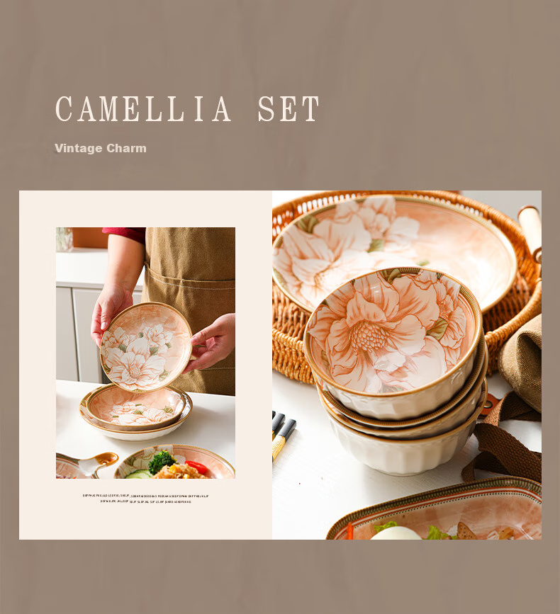 CERAMICS Bowl And Chopsticks Set, Japanese-Style Underglaze Ceramic Tableware for Home Use, Housewarming Gift, Camellia Pattern, 42-Piece Gift Box Set 9