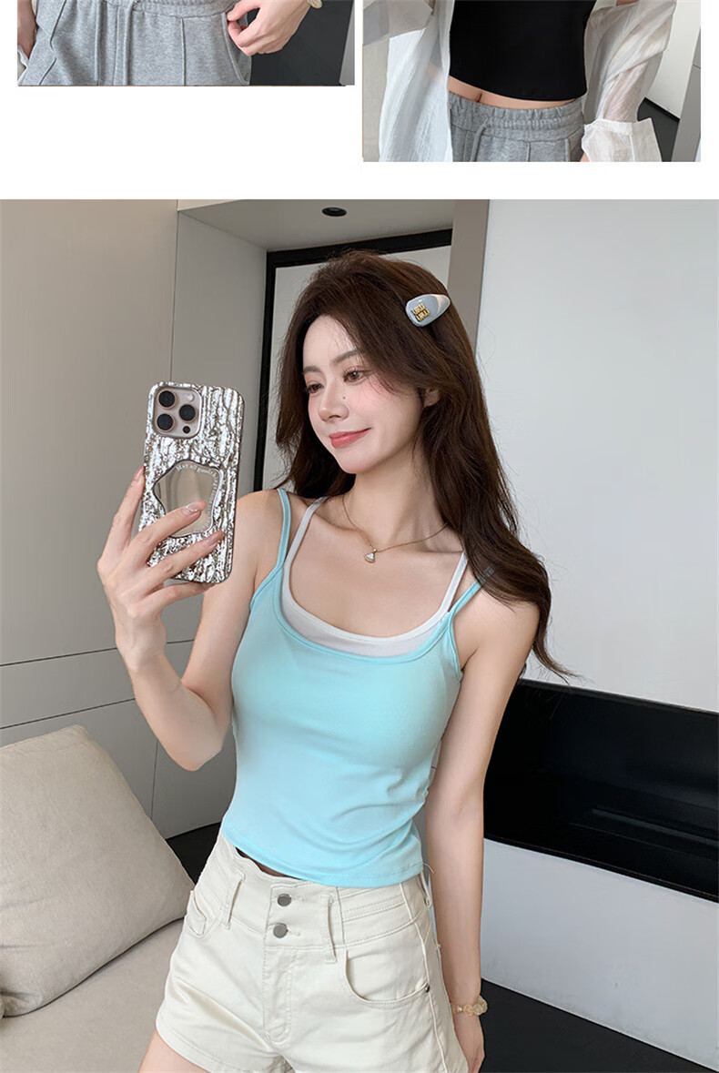 LangSha Women's Fake Two-Piece Small Camisole with Chest Pad, New Color-Block Double Shoulder Straps, Slim Fit, Backless Outerwear Top 19