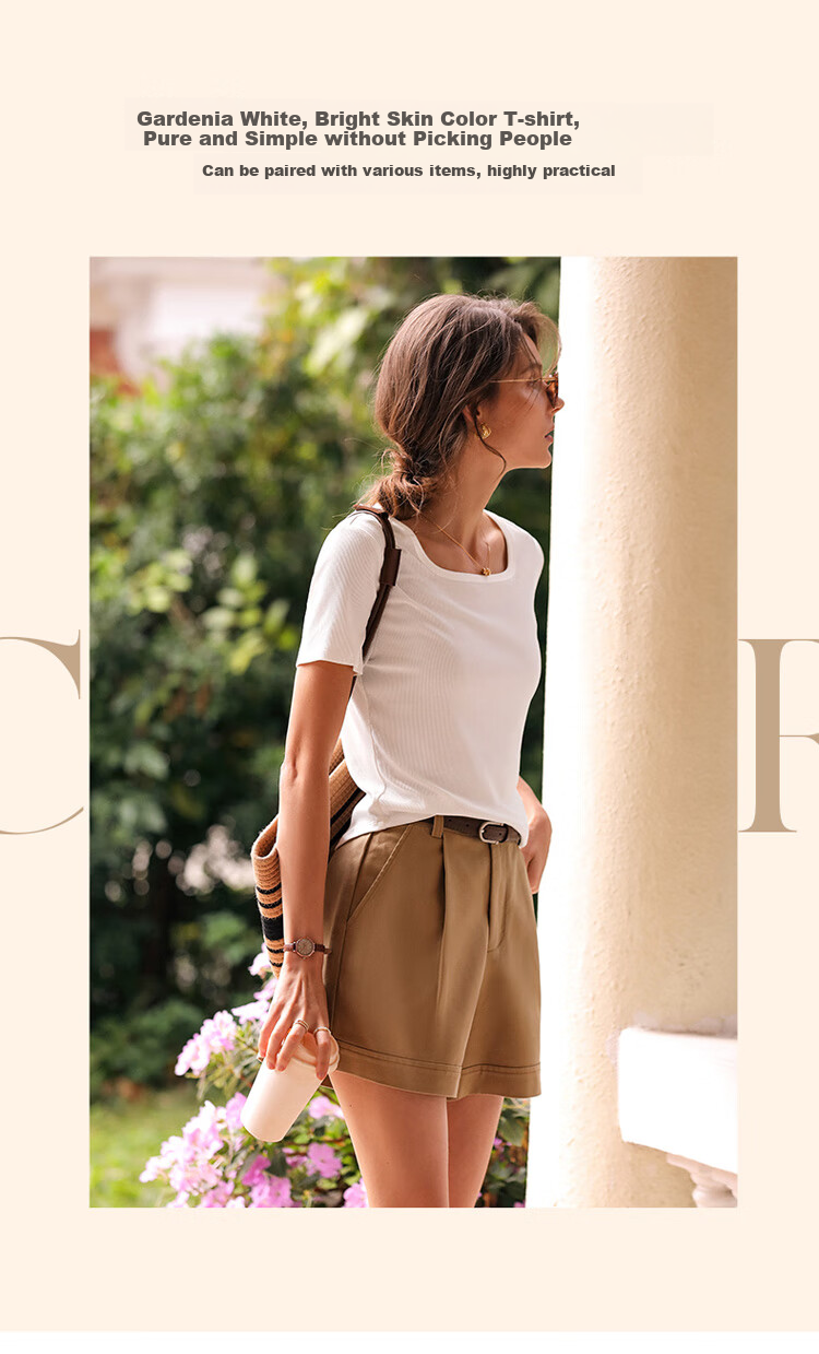 Olrain Square Neck Classic Shoulder Versatile T-Shirt Summer Women's Elegant Simple Stretchy Comfortable Base Top Gardenia White S 9