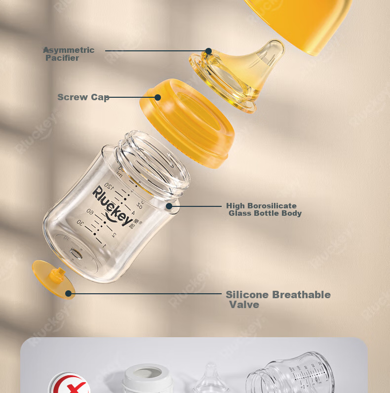 RLUCKEY Newborn Anti-Colic Glass Bottle with Soft, Breast-Like Center Nipple, 160ml, Size S, for 1-3 Months 11