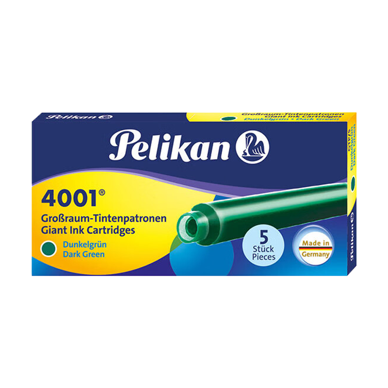Pelikan 4001 Long Ink Cartridges Non-Carbon Green 5-Pack Student Pen Ink Cartridges