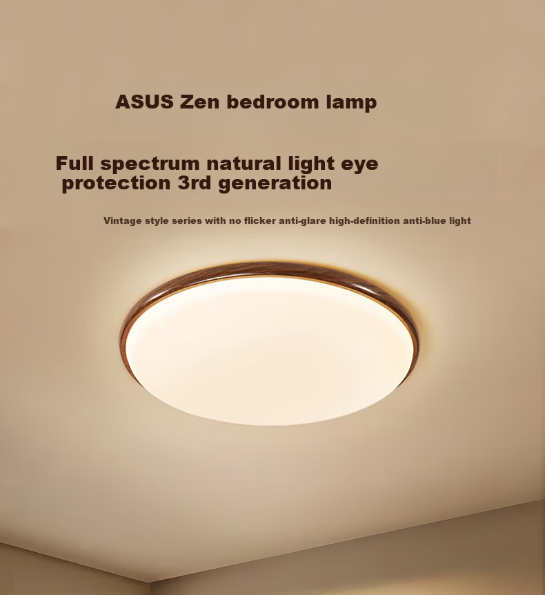 Huashuozhaoming American Walnut Wood, Vintage French Style Bedroom Ceiling Light, Modern Minimalist Round Design, Three-Color Adjustable Lighting 1