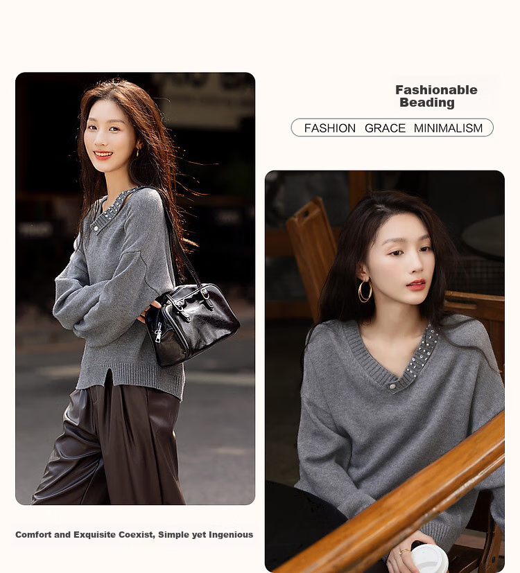 Dme [Shuangdan Capsule Wardrobe] Soft And Tender Fleece French Elegant Beaded V-Neck Sweater for Women, Autumn And Winter 5