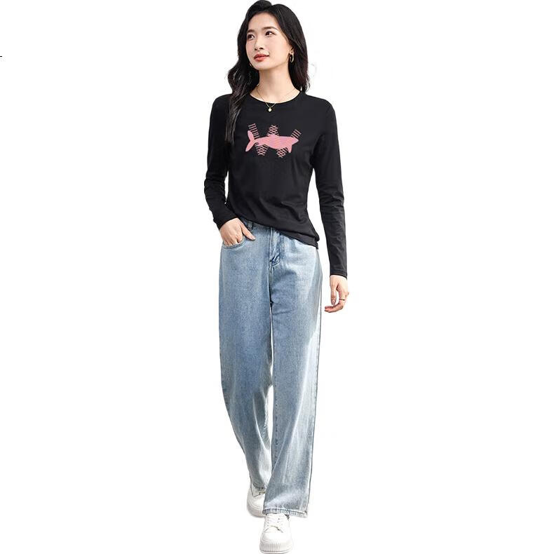 Женская футболка с длинным рукавом JEANSWEST, однотонная хлопковая модель 2025 года, универсальный топ с круглым вырезом, черная, размер L
