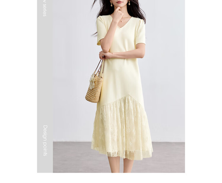 Sentubila V-Neck Patchwork Curved Hem Sequin Embroidered Short Sleeve Dress for Women Summer Elegant Mid-Length Dress 3