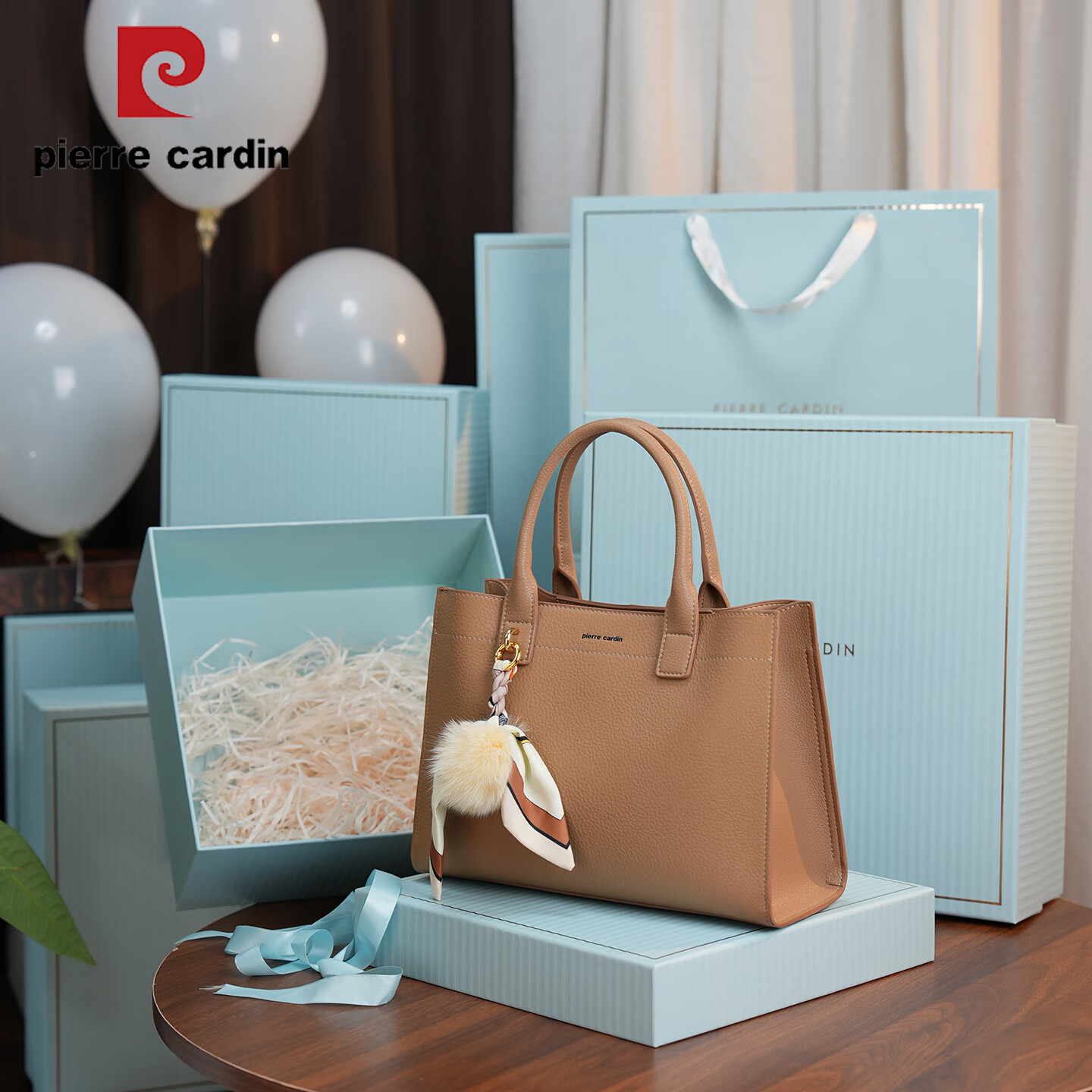 Pierre Cardin Top-Grain Leather Women's Handbag, Shoulder Crossbody Mom Bag, Holiday Birthday Gift, Milk Tea Color, Gift Box Included