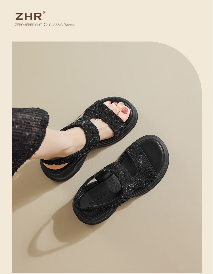ZHR Women's Thick Sole Casual Sporty Sandals Summer Outdoor Height Increasing 2026 New KY36 Black Size 37 13