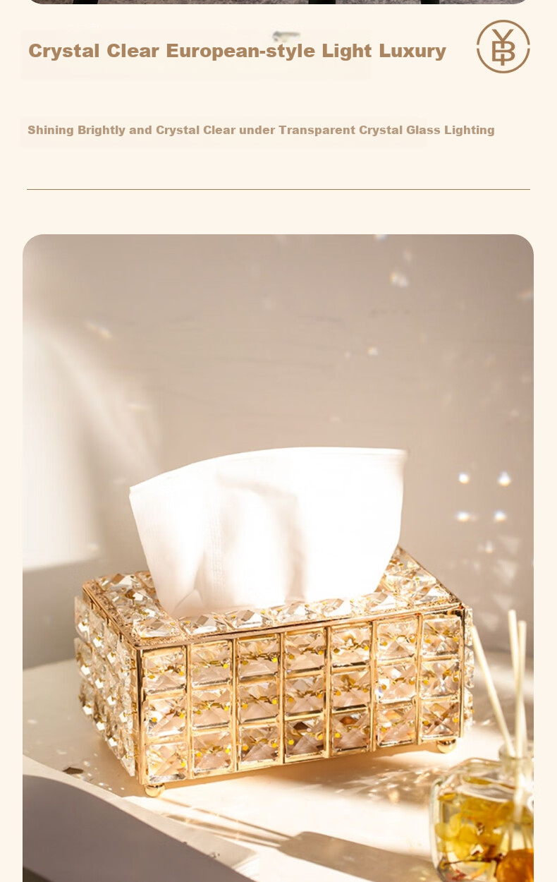 Bingyou Crystal Glass Tissue Box, Paper Towel Holder, Luxury European Style, Living Room Coffee Table, Alloy Material 4