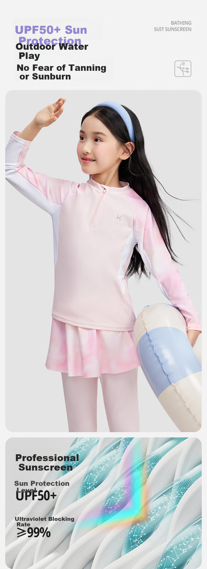 Keep Children's Two-Piece Swimsuit for Girls with Long Sleeves And Pants, Sun Protection Swimwear for Older Girls, Dream Pink 2