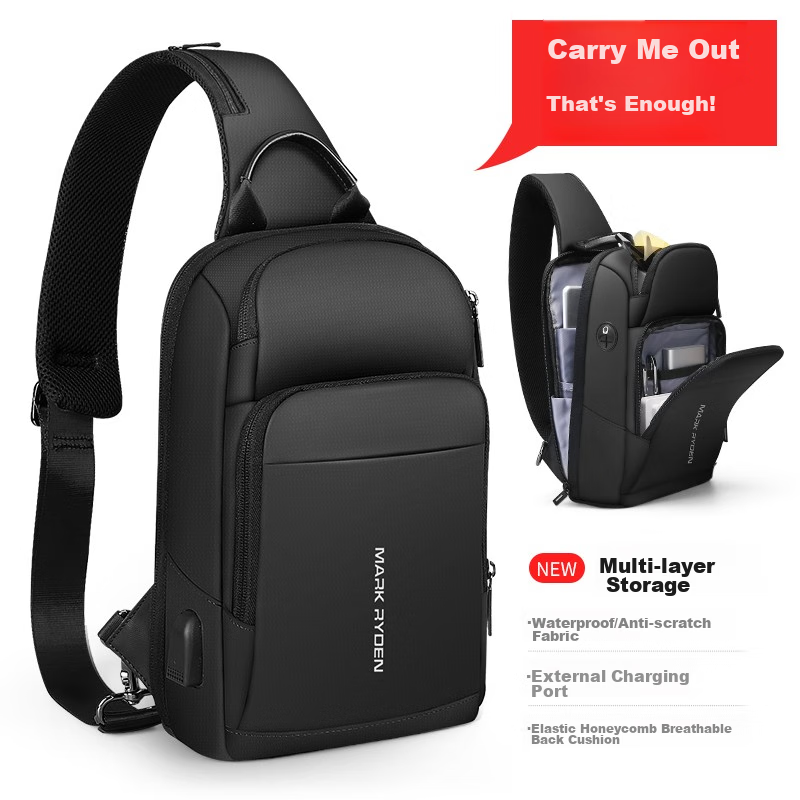 MARK RYDEN Shoulder Bag for Men, Chest Bag with Large Capacity And Charging Port, Sports Backpack for 9.7-Inch IPad, MR7618 Elegant Black