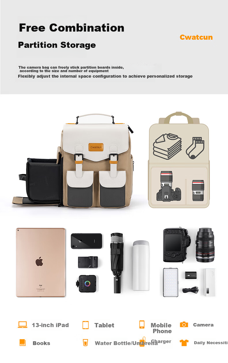 CWATCUN Camera Backpack with Waterproof Top And Bottom Compartments, Side Quick-Access Photography Bag Compatible with Fuji, Canon, Sony, Niko 2