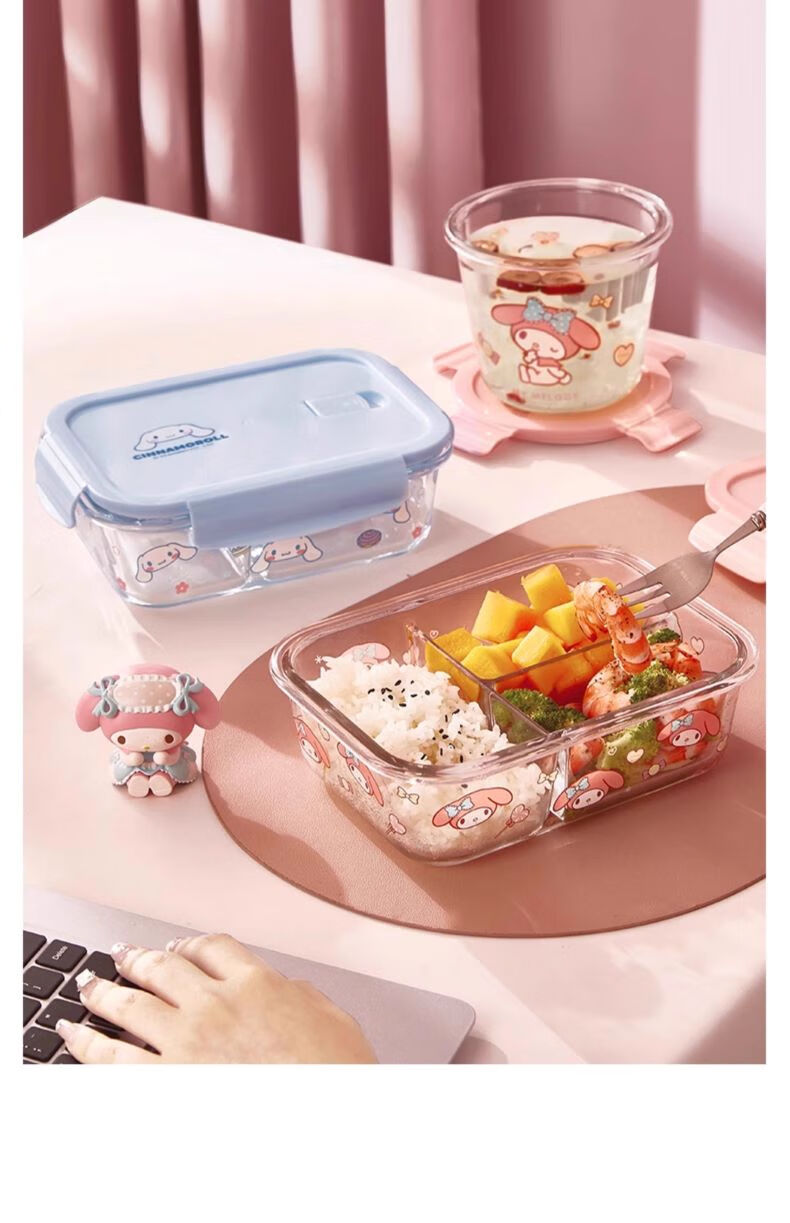 MANCHAOJIA Sanrio Glass Lunch Box Microwave Heating Fresh-Keeping Bowl Office Bento Soup Bowl Hello Kitty 700ML 16