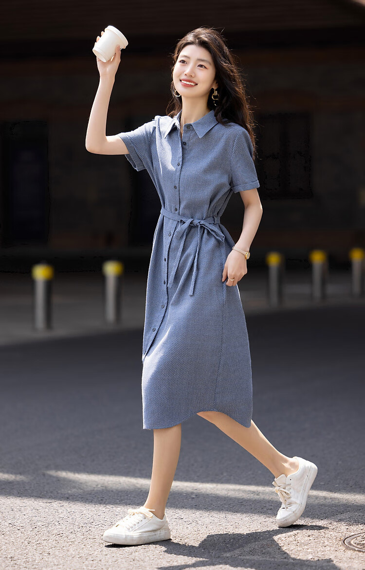 Demana Elegant Supreme Summer Comfortable Linen Cotton Blend Lapel Tie Straight Small Petite Women's Dress 8